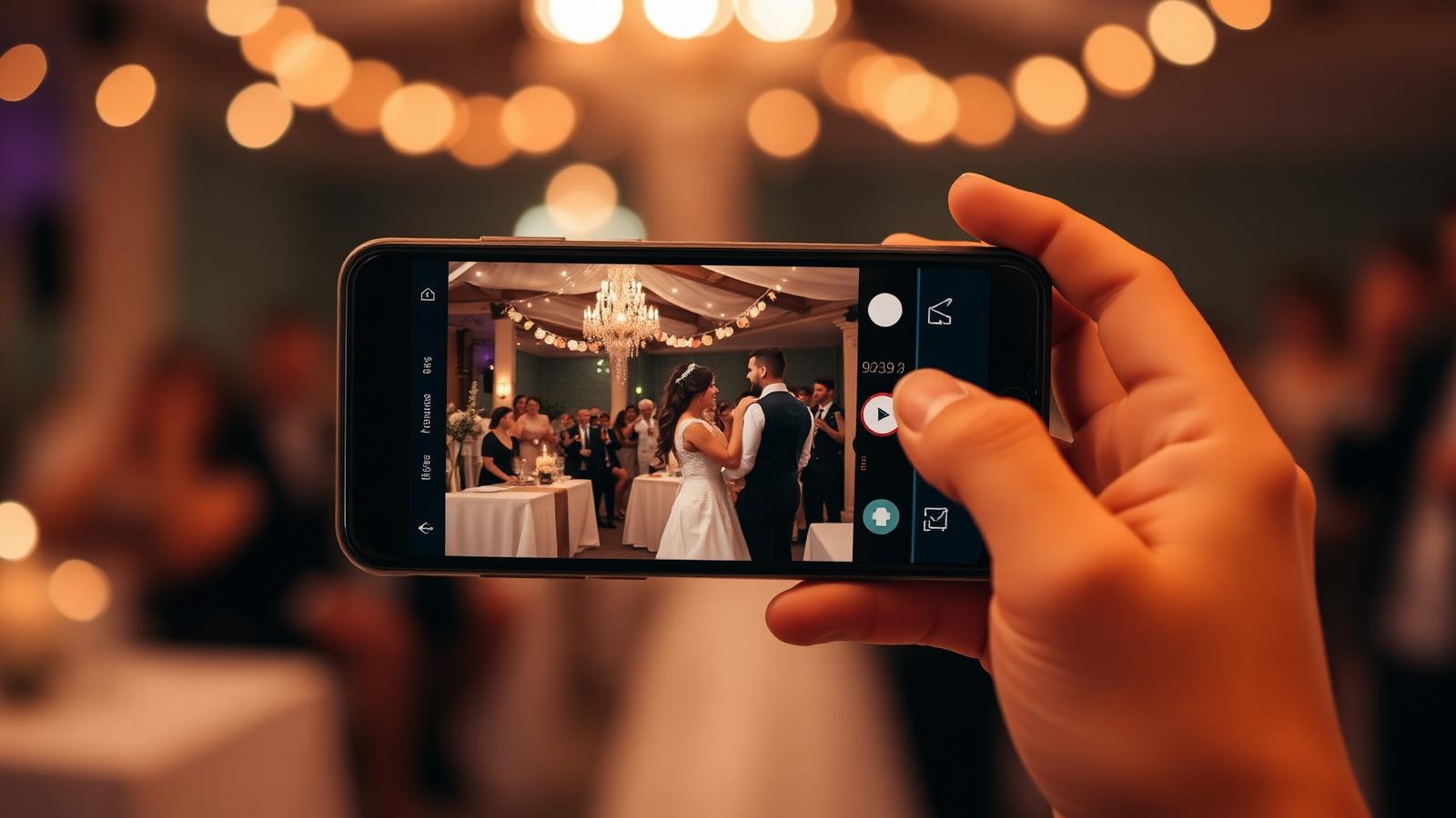 Mão segurando celular fotografando casal dançando em festa com luzes douradas ao fundo