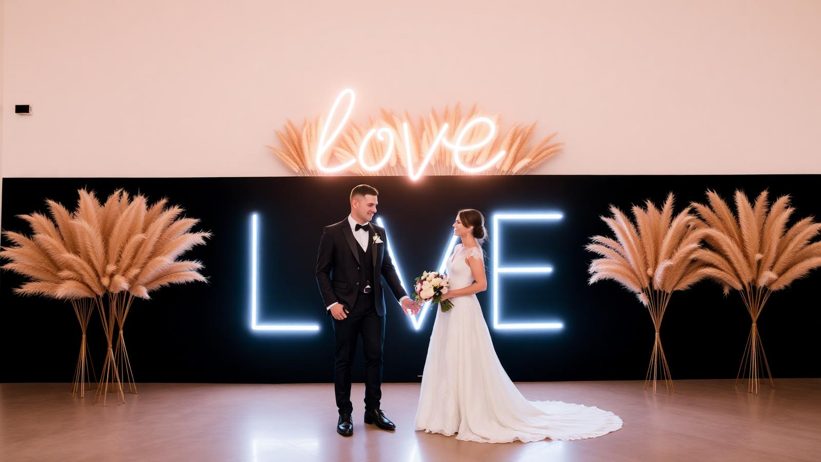 Casal de noivos diante de painel com neon escrito Love e capim dos pampas