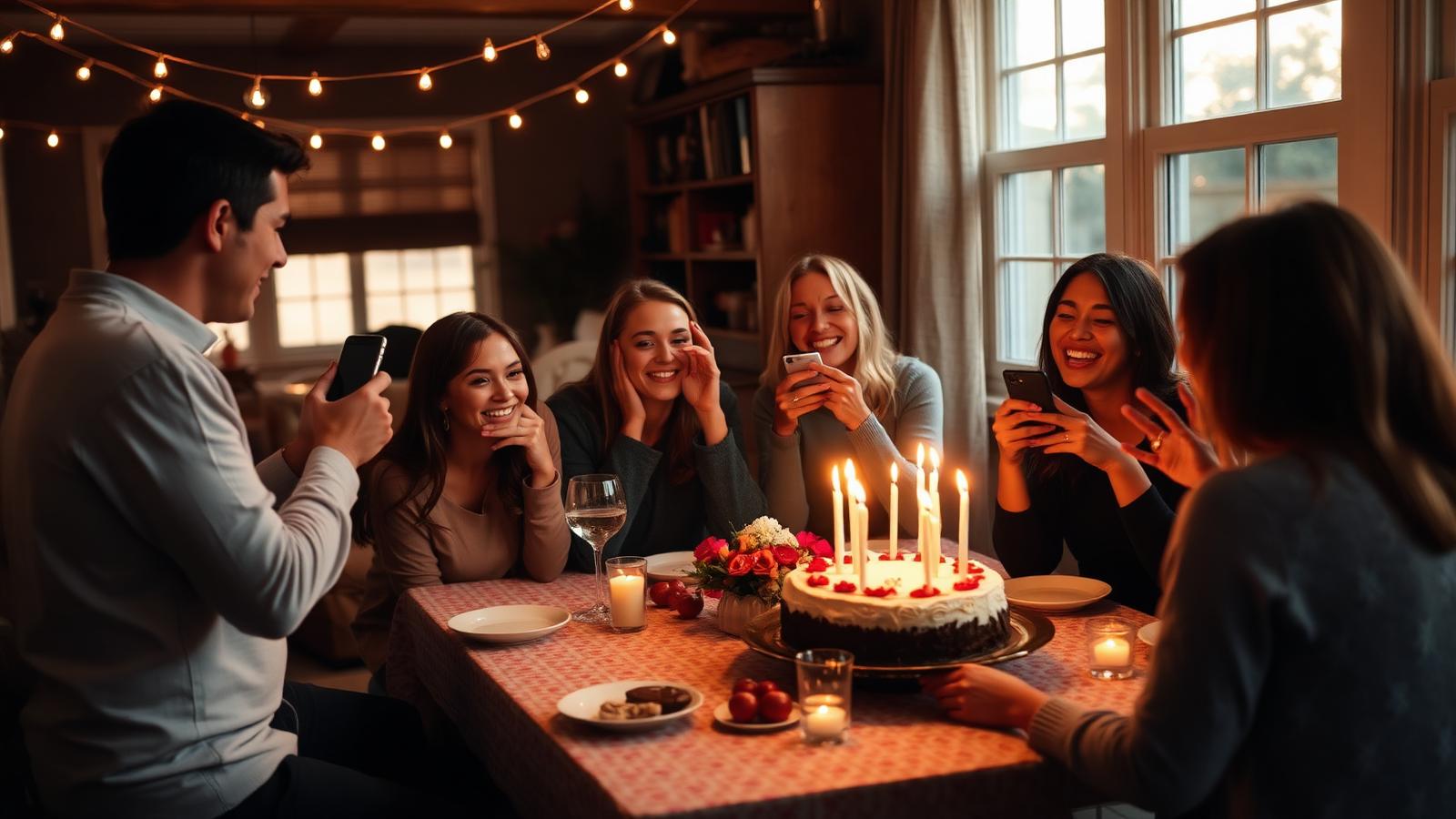 Amigos rindo em volta de mesa com bolo de aniversário iluminado por velas e varal de luzes em casa