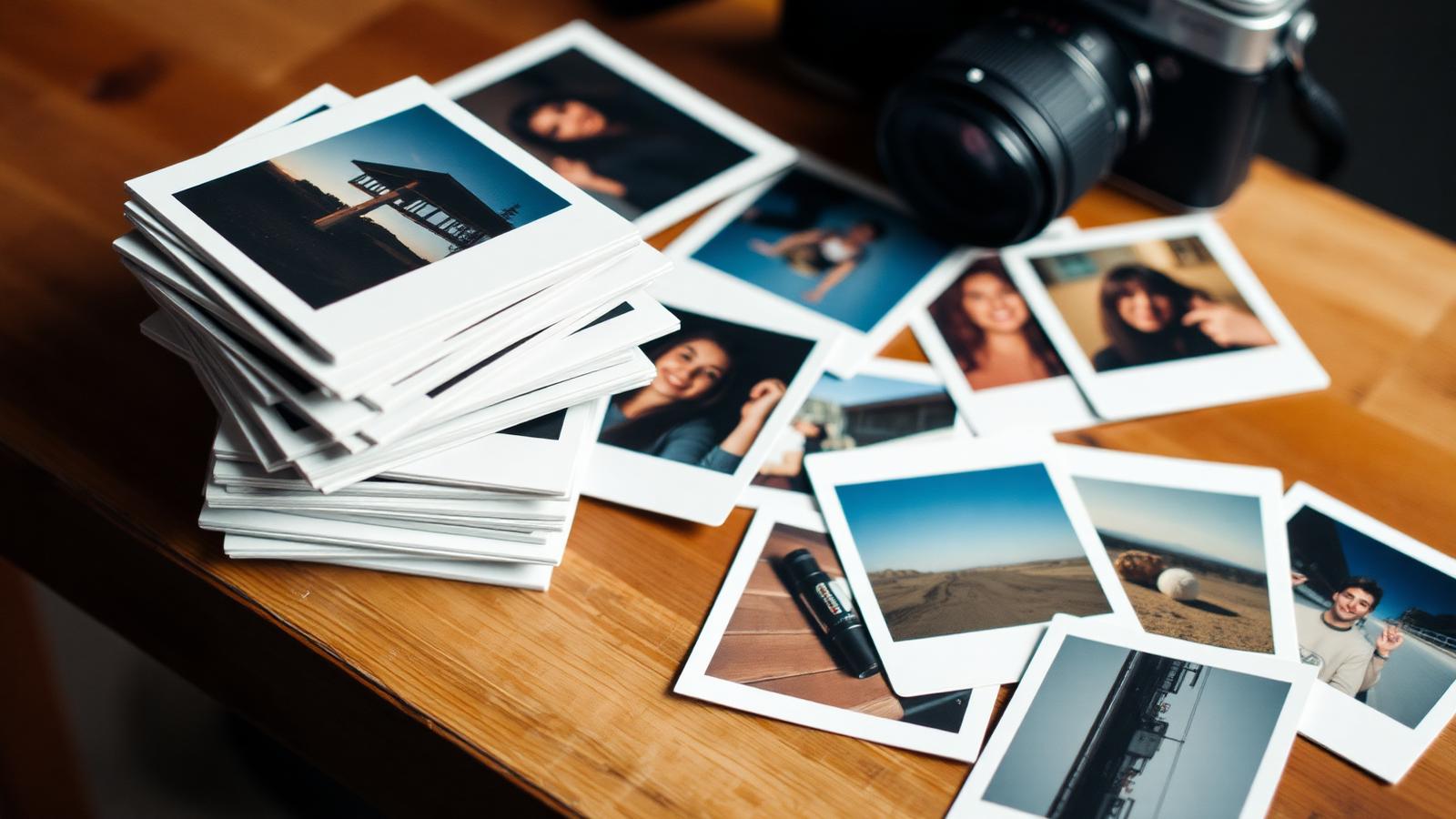Pilha de fotos Polaroid e fotos analógicas espalhadas sobre mesa de madeira com câmera vintage